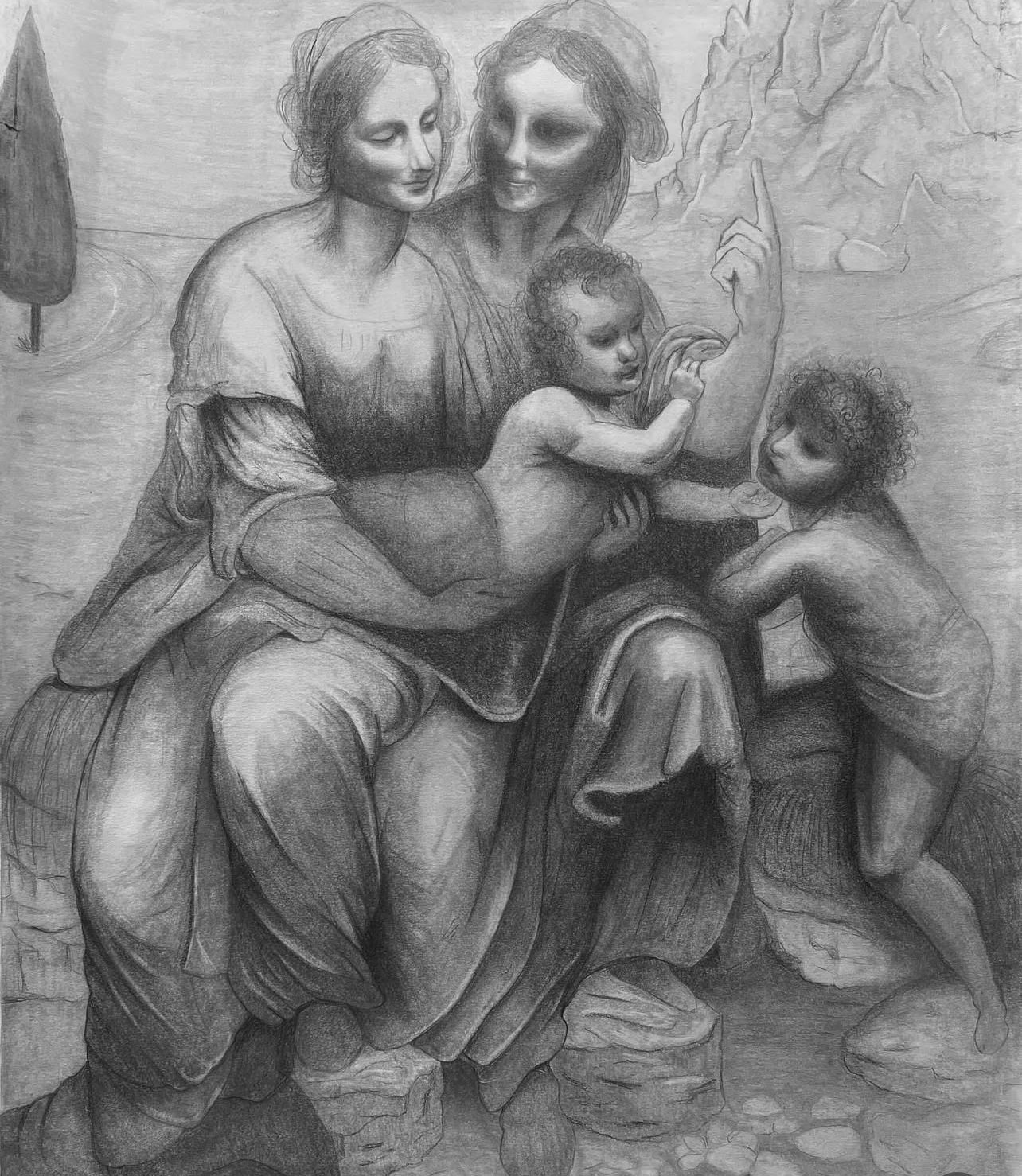 Pencil drawing after Leonardo's Burlington House Cartoon, showing the Virgin and Child with Saint Anne and the infant Saint John the Baptist.